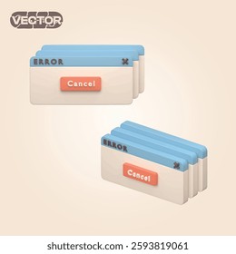error window 3D vector icon set on cream background. realistic illustration. retro concept