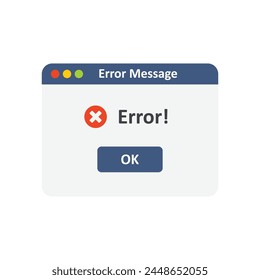 Error Window, Alert Interface with Red Icon and Ok Button. Vecrtor