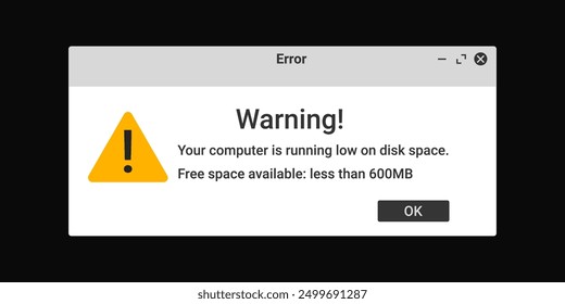 Ventana de error en la interfaz del equipo. Mensaje de advertencia del sistema sobre el disco y la memoria.