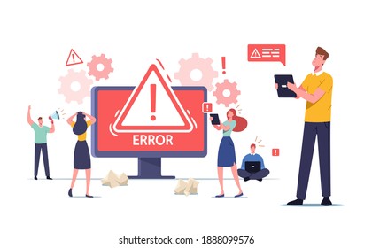 Error in Work Concept with Tiny Male and Female Characters Holding Gadgets. Website 404 Page Not Found, Broken Internet Connection, Site Under Construction Concept. Cartoon People Vector Illustration