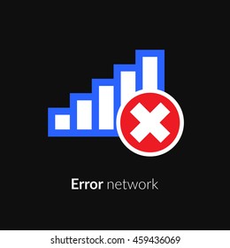 Error, wrong, incorrect, disconnect, bad antenna, not available, no signal stop symbol with network, connect, internet Wi-Fi, WLAN, blue icon on black background for computer or mobile interface.