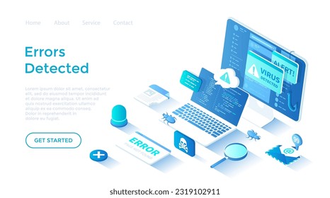 Errors detected. Computer viruses, hacker attack, 404 error page not found. Alert messages, bugs, infected files, spam. Landing page template for web on white background.	
