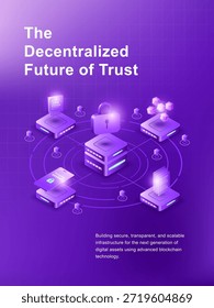 Ilustração 3D isométrica vertical de uma rede de blockchain descentralizada com criptografia de servidor de dados seguro e conectividade digital em fundo gradiente roxo neon.