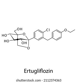 Estructura molecular ertugliflozina, fórmula química esquelética plana. Medicamento inhibidor de SGLT2 utilizado para tratar la diabetes de tipo 2. Ilustración vectorial.