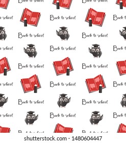 Erudite owl with an open notebook and a pencil. Back to school. Seamless pattern. Design for the cover of notebooks, notebooks, children's textiles, packaging materials.