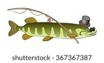 Erudite pike in hat and glasses is going to fish.  Vector cute cartoon illustration.