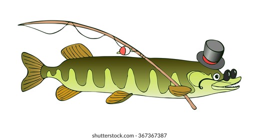 Erudite pike in hat and glasses is going to fish.  Vector cute cartoon illustration.