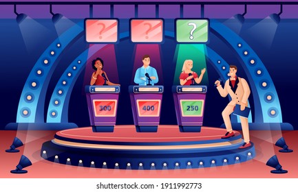 Erudite television show flat illustration. TV studio interior vector illustration. Program presenter and participants cartoon characters. Panel game, quiz studio. Media project announcing