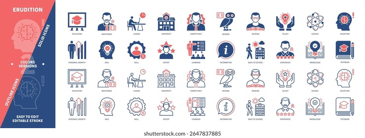 Erudition icon set. Knowledge, Science, Learning, Personal Growth, Information, Education, Reading, Development. Duotone color solid and editable outline icons