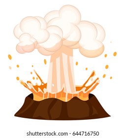 Erupting liquid drains splashing out burning volcano on white background. Strong flow of effluent red-hot lava, white clouds over top of brown stone. Vector illustration of geological making.