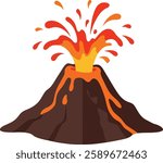 An erupting volcano displays vibrant lava spewing upwards, surrounded by dark rock formations, creating an intense and dramatic atmosphere in this flat design.