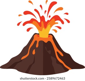 An erupting volcano displays vibrant lava spewing upwards, surrounded by dark rock formations, creating an intense and dramatic atmosphere in this flat design.