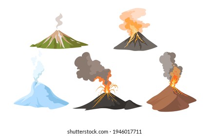 Erupting volcano with fire and smoke set. Awakening and erupting volcano blowing up lava, magma and ash from crater. Concept for nature, disaster. Vector isolated cartoon illustration collection