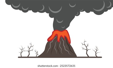 Erupting Volcano Flat Style with Smoke in the Sky. Nature calamities and disasters concept vector art