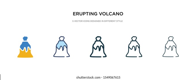 erupting volcano icon in different style vector illustration. two colored and black erupting volcano vector icons designed in filled, outline, line and stroke style can be used for web, mobile, ui