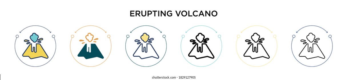 Erupting volcano icon in filled, thin line, outline and stroke style. Vector illustration of two colored and black erupting volcano vector icons designs can be used for mobile, ui, web
