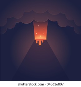 Erupting volcano illustration. Spectacular night eruption with dark clouds and streaming lava. Modern flat vector style. 