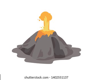 Erupting volcano with lava fountain ejecting from a crater isolated on white background. Volcanic eruption and seismic activity. Natural catastrophe. Colored vector illustration in flat cartoon style.