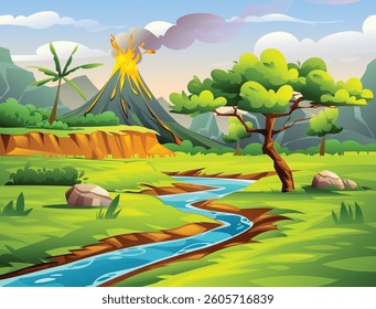 Erupting volcano near river and green valley with lush trees and mountains. Vector cartoon landscape illustration