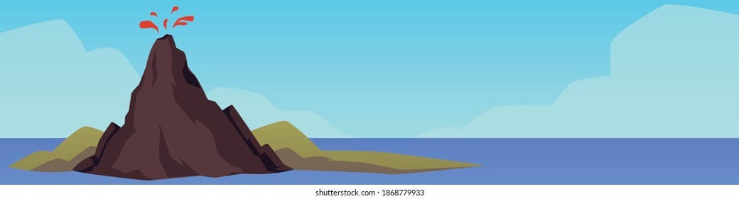 Erupting volcano on the background of seascape, flat vector illustration. Horizontal landscape of nature with an active mountain volcano spewing flames.