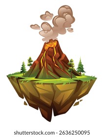 Erupting volcano on grassy floating island with clouds of smoke and lava flow. Vector cartoon illustration