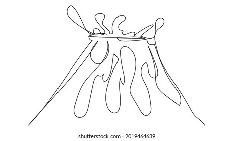 Erupting volcano in one line on a white background. Graphic illustration of flowing magma.