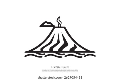 Erupting volcano outline on transparent background shows magma flowing with cloud above, set over stylized waves in black and white design.