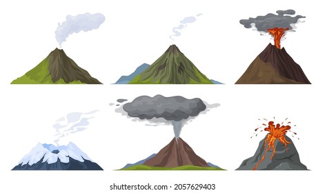 Erupción del volcán conjunto vector ilustración plana. Actividad volcánica natural con magma, humo, cenizas aisladas en blanco. Erupción de lava caliente en los volcanes. Montañas rocosas con hierba verde y cumbres nevadas