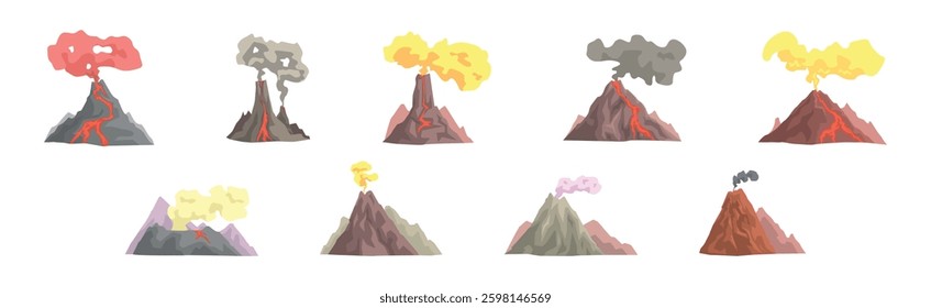 Erupting Volcano with Smoke at Top of Mountain Vector Set