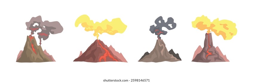Erupting Volcano with Smoke at Top of Mountain Vector Set