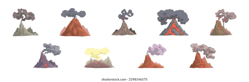 Erupting Volcano with Smoke at Top of Mountain Vector Set