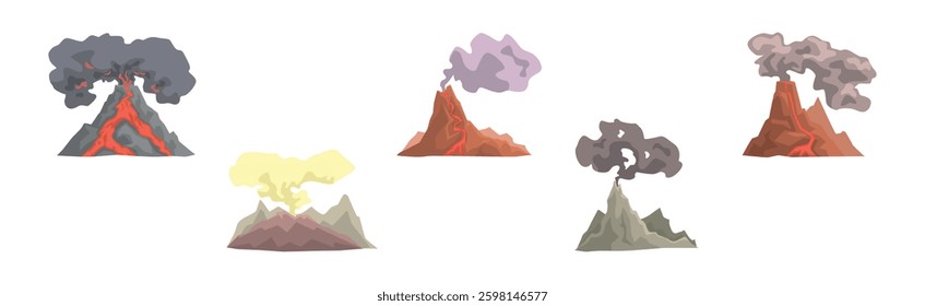 Erupting Volcano with Smoke at Top of Mountain Vector Set