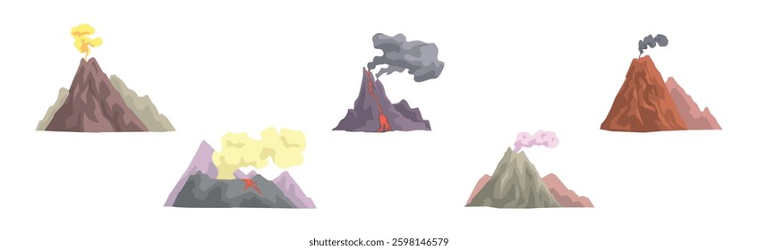 Erupting Volcano with Smoke at Top of Mountain Vector Set