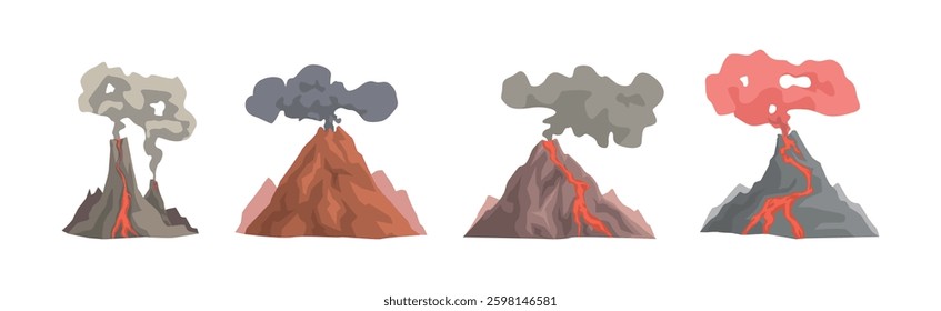 Erupting Volcano with Smoke at Top of Mountain Vector Set