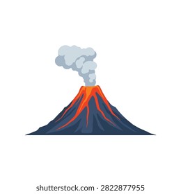 Erupting volcano vector with flowing lava and smoke clouds isolated on white background.