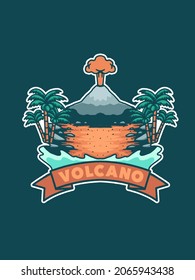 erupting volcano vector print illustration