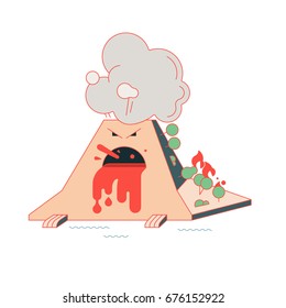 The Eruption Of The abstract Volcano. Flat hipster style graphic design object. Natural disaster: a volcano with lava, ashes, fire and smoke. Burning Vesuvius forest. Vector EPS simple geometric icon