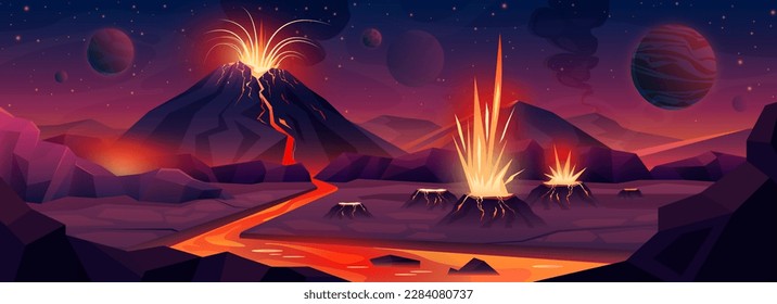 Erupción de magma dorado y lava del volcán en ilustración vectorial de paisaje alienígena. Fantasía de dibujos animados explotando plasma y fuego en el espacio exterior, planeta con montañas volcánicas sobre fondo cósmico