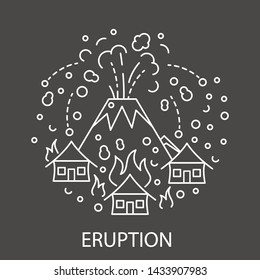 Eruption Natural Disaster circle banner in linear style. Black and white compositions of Thunderstorm disaster. Vector illustration.