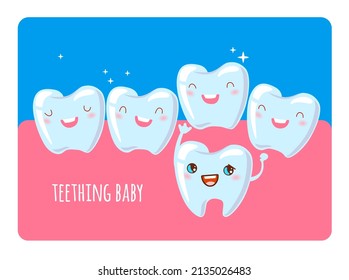 Eruption of a permanent tooth and loss of milk teeth. Children dental care and healthcare concept. Animated teeth dental clinic poster