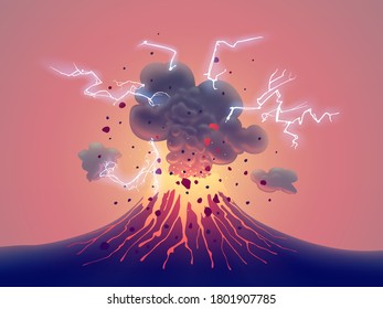 Eruption des Vulkankratters mit rotem, leuchtendem Lichtmagma, aktiver Vulkanexplosion mit Lava, Splash, Steinen, Blitzen, Rauch und Staub. Digitale Vektorgrafik.