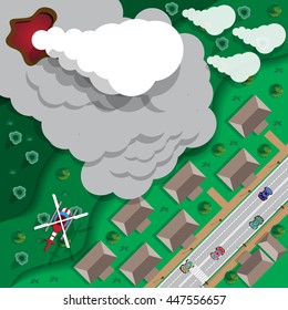 The eruption of the volcano. A natural disaster. View from above. Vector illustration. 
