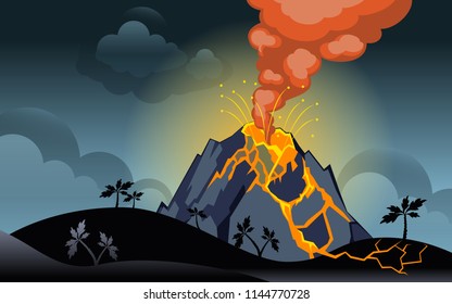 eruption of the volcano at night on the sky background. Horizontal back. Vector.