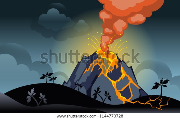 空の背景に夜の火山の噴火 水平背面 ベクター画像 のベクター画像素材 ロイヤリティフリー