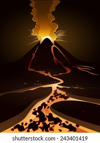 The eruption of the volcano at night, the smoke and splatter from the explosion in the crater. Streams of hot glowing lava in the plain.