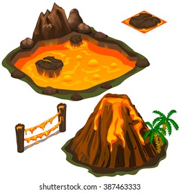 The eruption of a volcano on a tropical island isolated on a white background. A pool of volcanic lava. Cartoon vector close-up illustration.