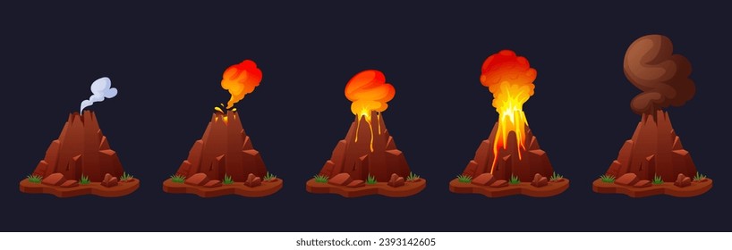 Eruption volcano stages. Nature cataclysm, erupting process step by step. Volcanoes with lava, fire, smoke and ashes. Nowaday game vector elements