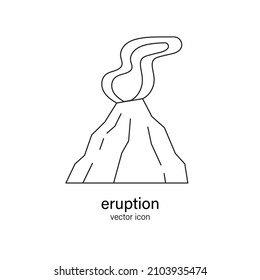 Eruption of volcano thin line icon. Volcanic ash column or cloud logo, emblem, sign. Natural disaster, catastrophe vector illustration.