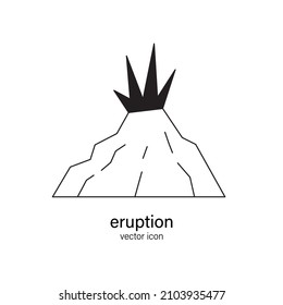 Eruption of volcano thin line icon. Volcanic magma, lava logo, emblem, sign. Natural disaster, catastrophe. Vector illustration.