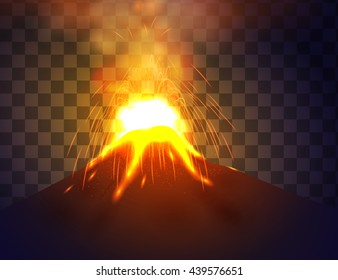 Eruption volcano vector illustation on transparent background. Red lava flowing from the mountain.